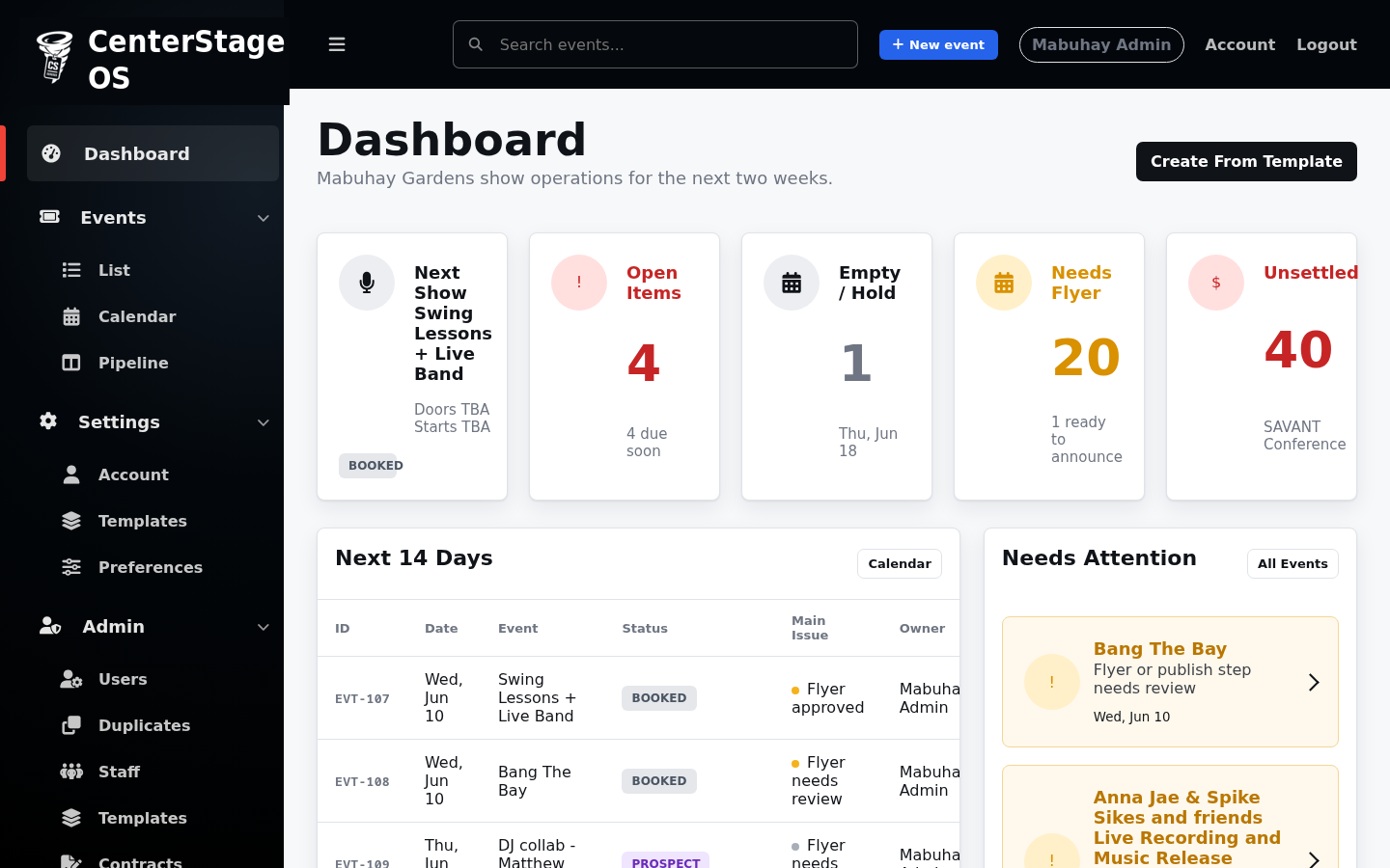 CenterStage OS dashboard for venue leads, shows, holds, and settlements.