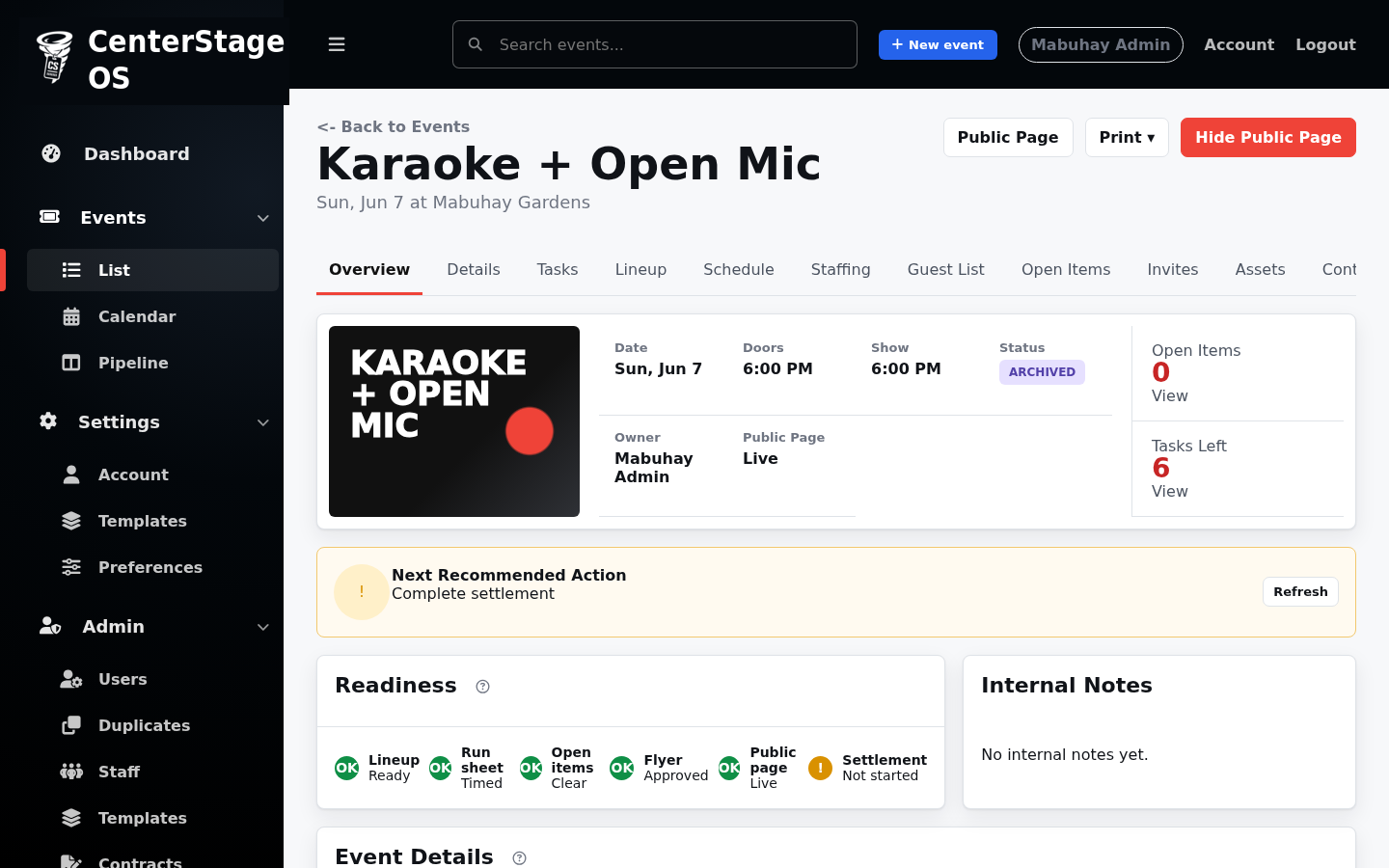 An event workspace with lineup, tasks, and run sheet.