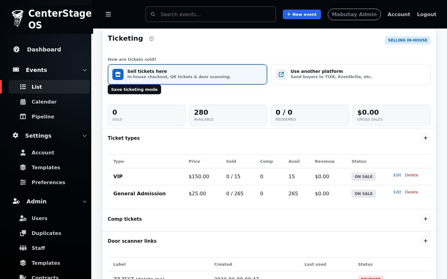 The ticketing panel with tiers and inventory.